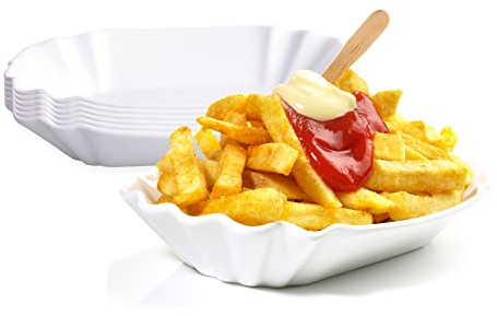 BigDean 6er Set Pommesschale aus Porzellan 19,5 cm - Weiß - Currywurstschale Pommes Frites Currywurst Snack Schale