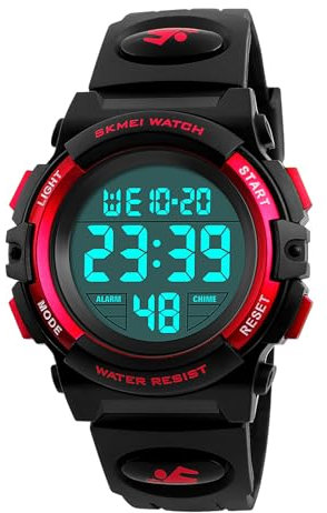 HMJIA Digital Uhren für Kinder 5ATM Sports Digitaluhr für Jungen Kinder Silikon Armbanduhr mit Datum/Wecker/LED/Stoppuhr/Stoßfes (Rot)