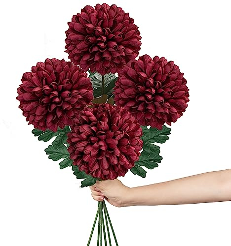 Flores artificiales de crisantemo grandes de 6 pulgadas con tallo de 25.6 pulgadas de largo, 4 flores rojas de seda falsa para decoración del hogar, novia, boda, fiesta, jardín, arreglo floral