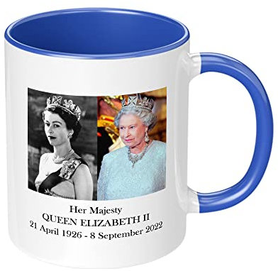 Print Maniacs Queen Elizabeth II Memorabilia Remembrance Mug Gift Merchandise Souvenir Keepsake RIP Commemorative Her Majesty 70 Years in Service Memory Cup Then and Now (Dark Blue Fill)