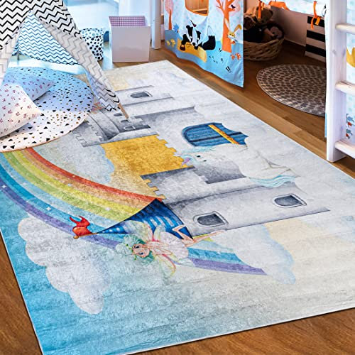 Mazovia Kinderzimmerteppich Antirutsch - Waschbar bis 30 Grad - Prinzessin Schloss - Kurzflor Kinderteppich Teppich für Kinderzimmer - ÖKO-TEX - Teppiche Mädchen Bunt Blau 120 x 170 cm