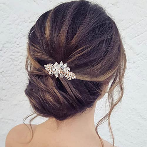 TseenYi Kristall Blume Butterfly Haarspange Gold Strass Edelstein Clip Bling Braut Französische Hochzeit für Frauen und Mädchen (Mit Transparentem Kristall)
