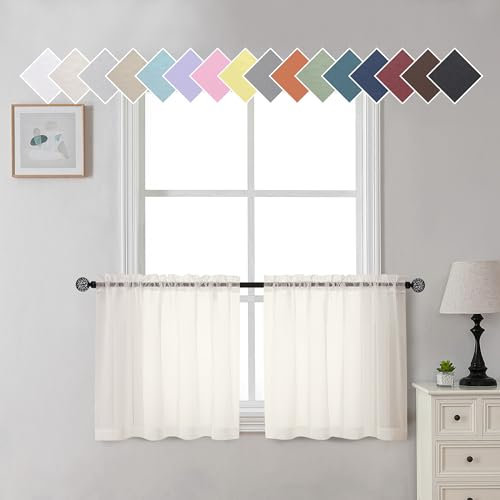 Aiyufneg Elfenbeinfarbener transparenter Volant für Fenstervorhänge, 61 cm Länge, lichtfilternde Küchenvolants, kleine Voile-Vorhänge für Wohnzimmer/Badezimmer/Keller, 2 Stück, 101x61 cm