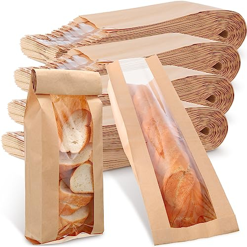 Thenshop 200 bolsas de papel para pan con ventana para bolsas de pan caseras, bolsas de almacenamiento de pan kraft marrón, bolsas largas para galletas francesas (4.5 x 2 x 24 pulgadas)