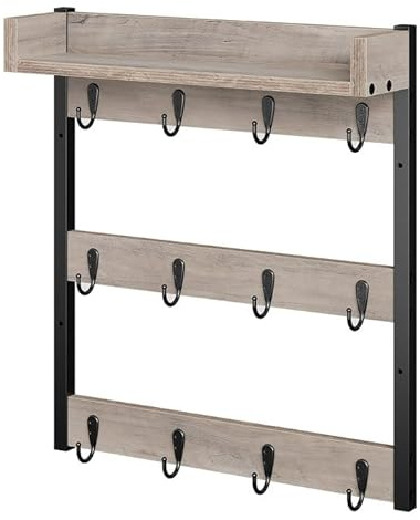 YATINEY Coffee Mug Holder Stand, 3 Tier Mug Tree Rack, Hanging 12 Cups, with Top Shelf, for Kitchen, Dining Room, Living Room, Cafe, Greige and Black MH42BG