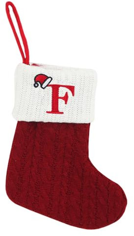 Weihnachtsstrümpfe mit Initiale, kleiner bestickter Buchstabe gestrickt rot weiß Weihnachtsstrumpf Buchstabe Monogramm hängende Weihnachtsstrümpfe für Familie Weihnachtsbaum Kamin Dekoration (F)