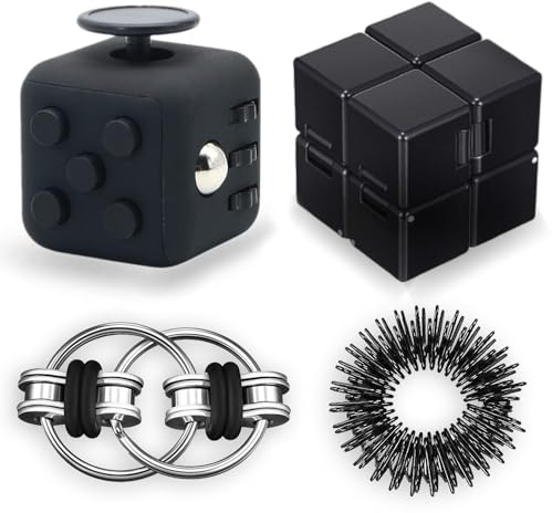Steemjoey Juego de 4 Juguetes Fidget Set, Antiestrés Stress Cube Infinity Cube Juego De Cadena Flippy Anillo de Acupresión, Alivia el estrés Reductor Add para Adultos Niños Ansiedad Autismo (Negro)