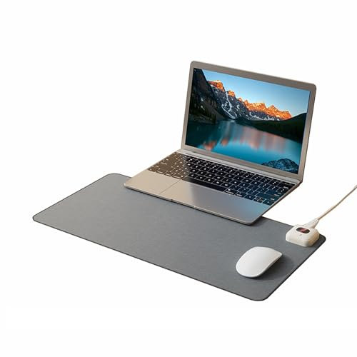 Heated Mouse Mat - Electric Warm Desk Pad with Adjustable Heat Levels, Auto Shut-Off, and Large PU Leather Mouse Pad (Grey, 20.4 * 10.2 inches)