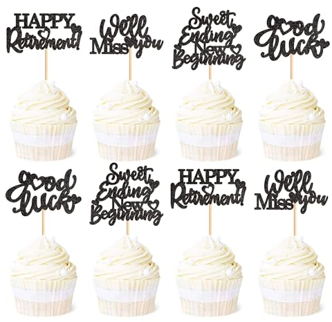 Blumomon 24Pcs Happy Retirement Cupcake Toppers Glitter Retired Cupcake Decorations Picks Retirement Theme Birthday Party Cake Decorations Supplies Black