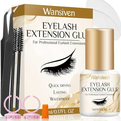 Wansiven Eyelash Extension Glue Kit, Dry Time 3-5 Sec, 8 Weeks Stay, Professional for Semi Permanent Eyelashes, Black, 5ml