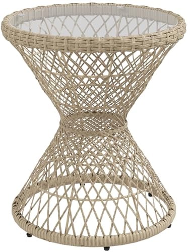 Outsunny Table Basse d'extérieur Table de Jardin Style Tambour avec Plateau en Verre trempé résine tressée Imitation rotin Marron Clair