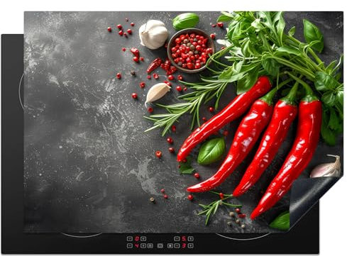 KitchenYeah© Copri Piano Cottura 75x52 cm Cucina Coprifornelli Tappetino per Induzione Fornello Tutto per la Cucina Peperoncino - Calcestruzzo - Aglio - Cucina