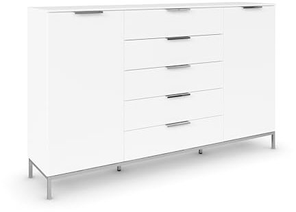 Rauch Möbel Flipp, Kombikommode, Kommode mit Stauraum für Wohnzimmer, Schlafzimmer, Flur, 4 Fachböden, mit Metallkufe Chrom, Alpinweiß, 2-türig, 5 Schubkästen, Griffe Chrom, 180x111x42cm
