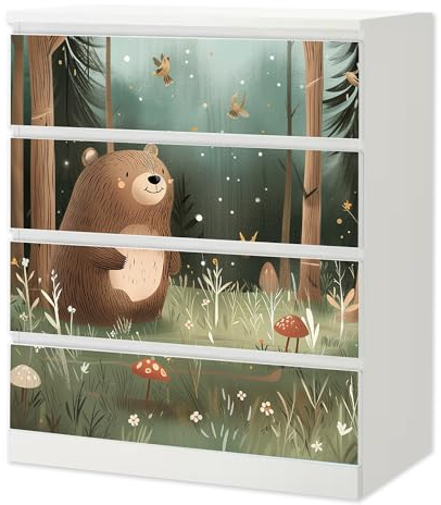 Sunnywall® Möbelfolie passend für IKEA Malm Kommode Schrankfolie Aufkleber mit Kleiner Bär im Wald Motiv | blasenfrei verkleben | Kinderzimmer 4er 80 cm