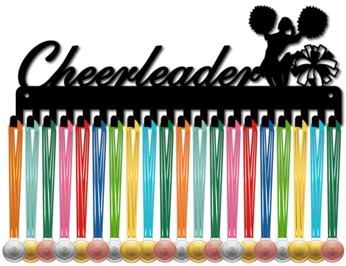 CREATCABIN Cheerleader Medal Hanger Display Cheerleading Medal Holder Sports Frame Iron Hooks Hanging Awards Wall Mount Medal Rack for Holding Up 60+ Medals Cheer Badges Organizer Black 15.7 x 5.9Inch