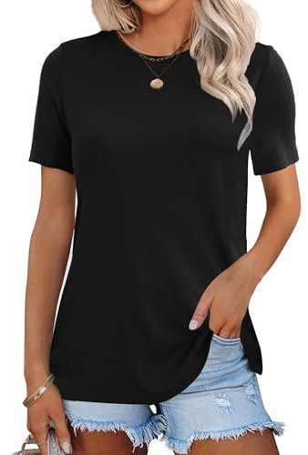 Aottori T-Shirt Femme Été Coton Manches Courtes Col Rond Élégant Haut Décontracté Tee Shirt Tunique Chemises Top Couleur Unie Chemisier Chic Noir S