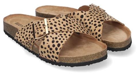 shoes&blues.es 85229 Sandalia Plana de Mujer, Pala entrecruzada, con Planta Anatomica de Bio, y Hebilla, Primavera Verano Leopardo Talla 38