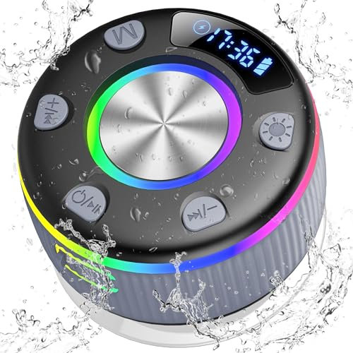 Altavoz Bluetooth 5.3 para Ducha Con Luces RGB y Ventosa - 8 Horas Estéreo USB-C, IP7 Impermeable, Portátil para Baño, Piscina, Fiesta - Gris