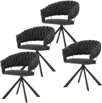 Lestarain Esszimmerstühle drehbar 4er Set, Drehstuhl Esszimmer, Küchenstuhl mit geflochtener Rückenlehne, Polsterstuhl, Design Stuhl, mit Samtbezug Metallgestell, Dunkelgrau