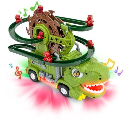 Dinosaure Dia Track Musique voiture jouet, escalade électrique Escalier Slide jouet, circuit de course de montagnes russes avec des lumières cadeaux amusants pour les garçons filles enfants à Noël