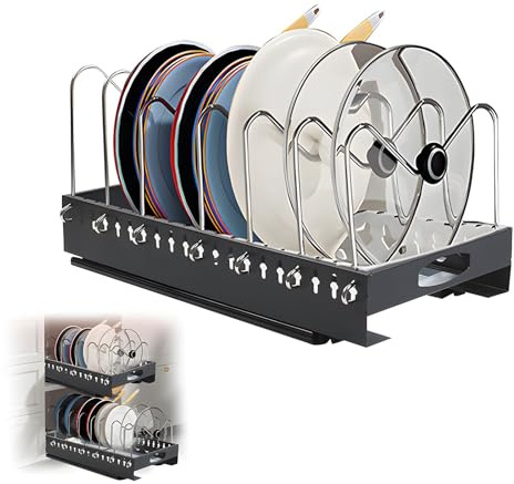 Gemsaya Topfdeckelhalter, Topfdeckel Aufbewahrung mit 6 Verstellbaren Fächern, Deckelhalter Schublade für Topfdeckel Schneidebretter Teller und Pfannen, Pot Lid Holder mit Ablaufschale, Schwarz