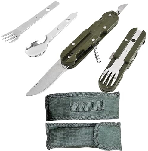 Amazleer Vaisselle de Camping 5 en 1 Pliable - Set Multifonction en Acier Inoxydable pour Voyage, Randonnée et Plein Air Compacte, Léger et Amovible