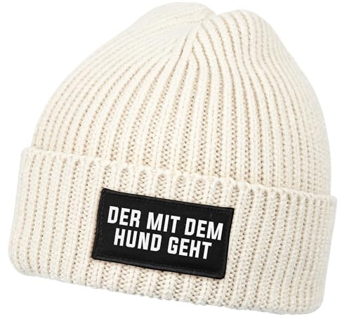 MoonWorks® Herren Beanie mit Patch Strickmütze mit Spruch Der mit dem Hund geht Aufdruck Lustig Mütze Männer