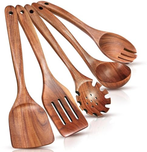 Natural Teak Wooden Kitchen Utensils Set - Wooden Utensil Set for Non-Stick Pans, 5PC Smooth Finish Spoons, Spatulas & Forks, Comfort-Grip Eco-Friendly Cooking Tools