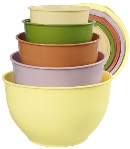 Greentainer Plastic Mixing Bowls Set with Lids, Nesting Bowls for Prepping, Serving, Cooking & Baking, Large Mixing Salad Bowl for Kitchen, Reusable, Dishwasher & Microwave Safe, Set of 5(Olive-green)