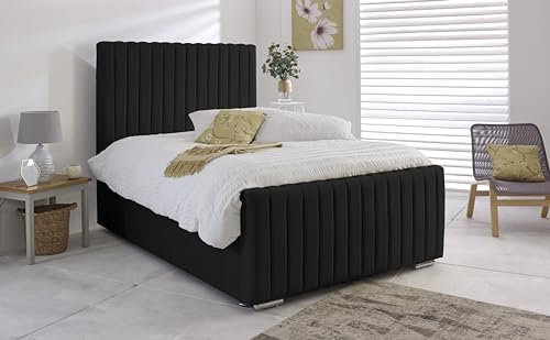 4F Small Double Ottoman Storage Solid Divan Base Bummpy Line Bed With Mattress And Headboard Upholstered In Plush Velvel Black End Lift (Black, 4FT Small Double Bed Gas Lift With Mattress)