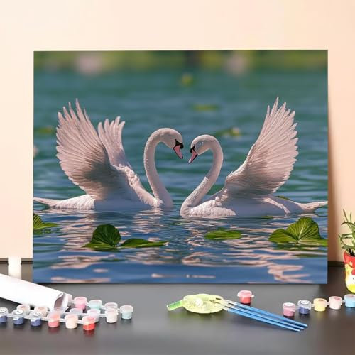 Malen Nach Zahlen Erwachsene Schwan, Handgemalt Ölgemälde Leinwand für Anfänger, Malen Nach Zahlen See Bastelset Erwachsene, Paint by Numbers für Heimdekoration, Geschenk 70x95cm (Ohne Rahmen) OO-9