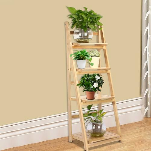 Scaffale a 40 Livelli a 4 Livelli, Eccellente Libreria in Legno, Organizzazione Efficiente con Stile Pastorale, Superfici Leviganti per Libri di Fiori Vegetali, Scaffali d'angolo, Scala Pieghevole