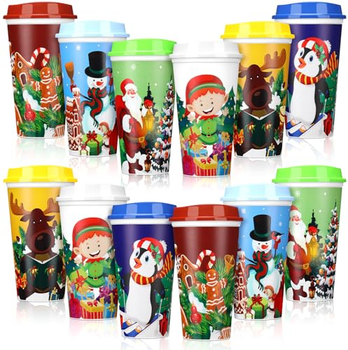 Tioncy Lot de 12 tasses à café réutilisables de Noël de 473 ml avec couvercles - Gobelets en plastique de voyage, cadeaux de remerciement pour l'hiver (bonhomme de neige)