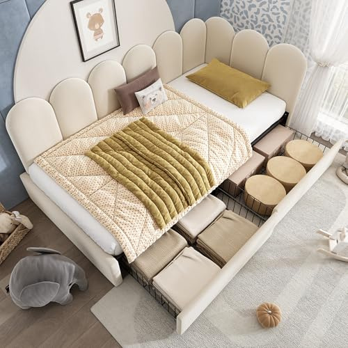 ModernLuxe Stylish 3FT Single Bed Frame with Drawers Storage, Elegant Upholstered Day Bed, Perfect for Adults and Children, Sturdy Metal Slatted Frame, No Mattress, Velvet, Beige, 90x190cm