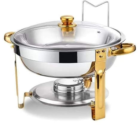 Gevvnss 4.5L Round Chafing Dish Buffet Set with Lid & Food Tongs | Stainless Steel Food Warmer for Catering,Stackable Buffet Server for Catering,Parties,Weddings,Home Dinners (Golden)