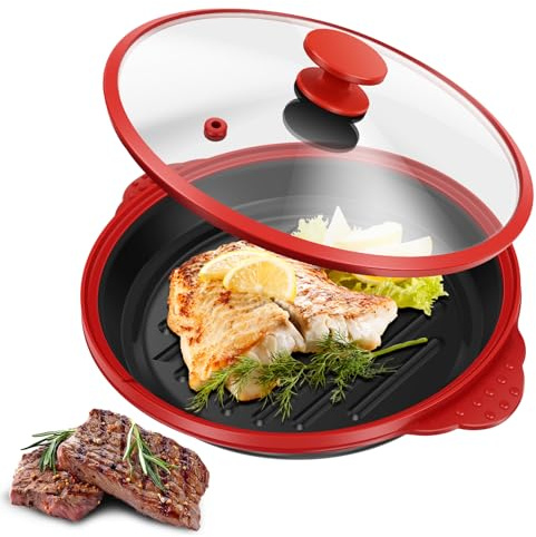 Sesaver Microwave Grill Pan with Lid, Bacon Cooker Crisper and Grilled Cheese Maker Non Stick Dishwasher Safe Multipurpose Microwave Cookware for Grilling Steaming Baking and Roasting