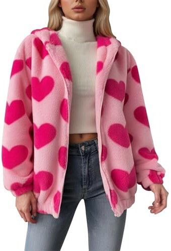 Générique Daunenjacke mit Kapuze, Herz, Plüsch, für Damen, Oberteil mit Reißverschluss, Winter, warm, Valentinstag, Kapuze, lässiger Stil, bequem, Top Coat, lustig, Oversize, Sweatshirt