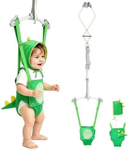 FUNLIO Baby Door Jumper for 6-24 Months (with Door Clamp), Baby Jumper Doorway with Strong Spring & Adjustable Strap, Portable Infant Door Bouncer, Bearing 40 Lbs, Green Dinosaur