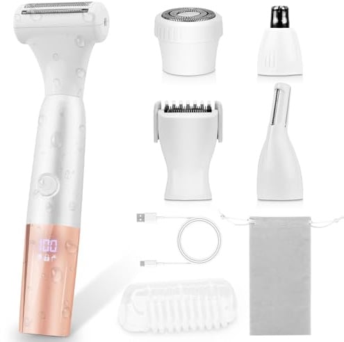 iToncs 5-In-1 Elektrischer Intimrasierer, Rasierer Damen, Bikini Trimmer | IPX7 Wasserdichter & LCD-Display, Kabellos Damenrasierer Intimbereich Elektrisch für Arm Körper Gesicht Bikini Achseln Beine