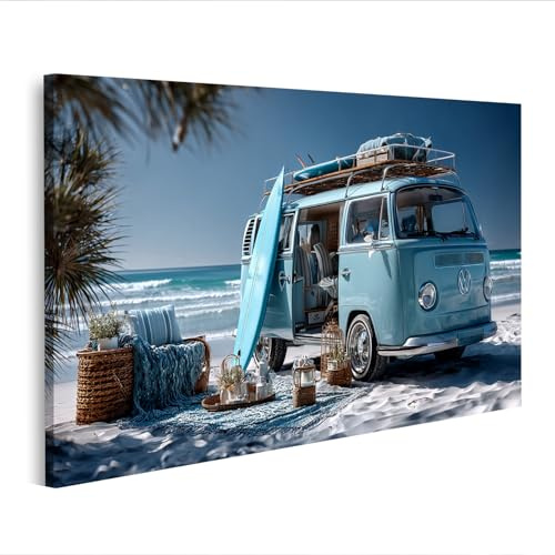 islandburner Bild auf Leinwand Pastellfarbener -Bus am Strand mit Surfbrett und Dekoration - Edition Z2