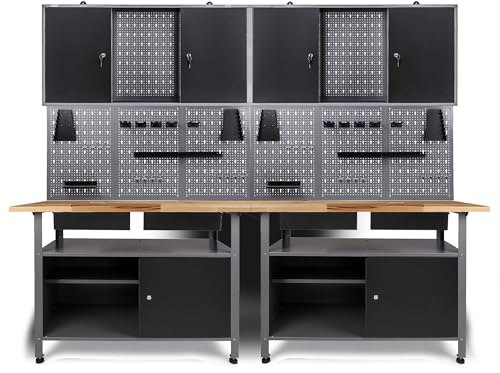 Ondis24 Werkstatteinrichtung Werkstatt Set Werkbank Fritz Hängeschrank Werkzeugwand Metall Schwarz Grau (Hängeschrank Kurt, 240 cm) Buchenholzarbeitsplatte