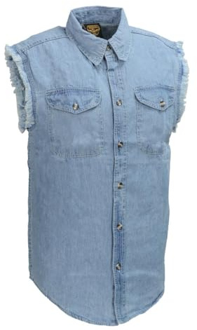 Milwaukee Leather DM1001 Men's Blue Lightweight Denim Shirt with with Frayed Cut Off Sleeveless Look - 2X-Large