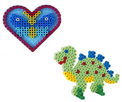 Hama MAXI Perlen - Stiftplatte 8206 Herz und 8215 Dino + Bonus 25 HPT Leuchtperlen 10mm Maxi in 6 Farben (Leuchten im Dunkeln)