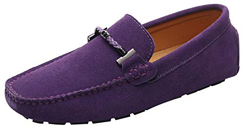 Jamron Mens Elegant Buckle Loafers Comfort Suede Driving Shoes Stylish Moccasin Slippers Purple SN19020 UK12.5