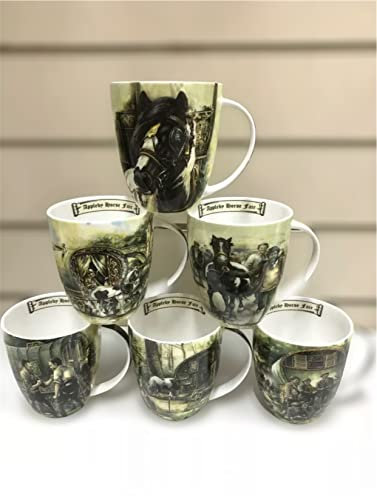 Silver Petals - Appleby Coffee Mug Set of 6 Caravan Horse Fine Bone China for Tea & Coffee (with 6 Different Designs on Each)