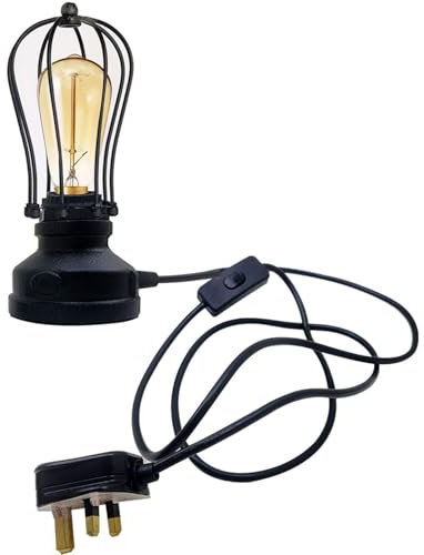 Retro Desk Lamp with Plug in Pendant Switch, B22 Socket Table Light Reading Bedside Edison Wrought Iron Accent Lamp Steampunk Metal Indoor Lamp Stand (Brushed Copper + Bulb)