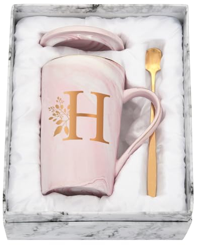 Joymaking Personalisierte Tasse mit Buchstaben Kaffeetasse mit Blumen Motiv, Namen Initiale persönliche Geschenke Kaffeetasse für Frauen Freundin, H - 400ml Rosa
