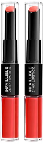 L'Oréal Paris Infaillible 24H Lipstick Flüssiger Lippenstift 2-in-1, langer Halt mit feuchtigkeitsspendender Pflegespülung mit Hyaluron-Gel, Farbe 506 Red Infaillible – 2 Kosmetika