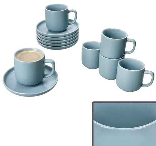 Ritzenhoff & Breker 6er Set Jasper Espressotassen mit Untertassen Graublau I für 6 Personen I Steingut-Set für Frühstück & Kaffee I Je 6X kleine Tassen 70ml, Höhe 6cm & Untertassen