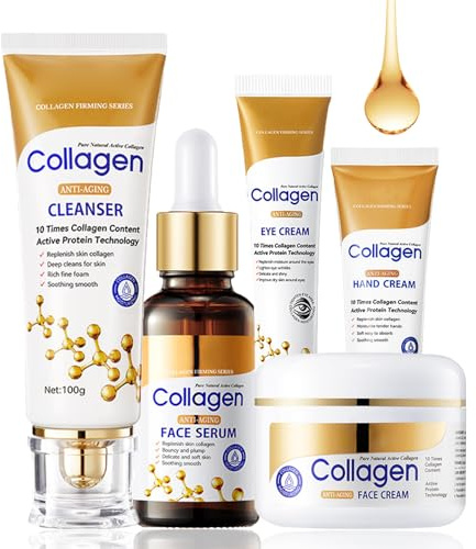 ARCHIDATE Kollagen Hautpflegeset - 5PCS Hautpflegeset & kit - Geschenkset für Frauen mit Reiniger-Serum-Augencreme-Gesichtscreme-Handcreme - Anti-Falten Hautpflegeset für Damen Beauty-Geschenksets